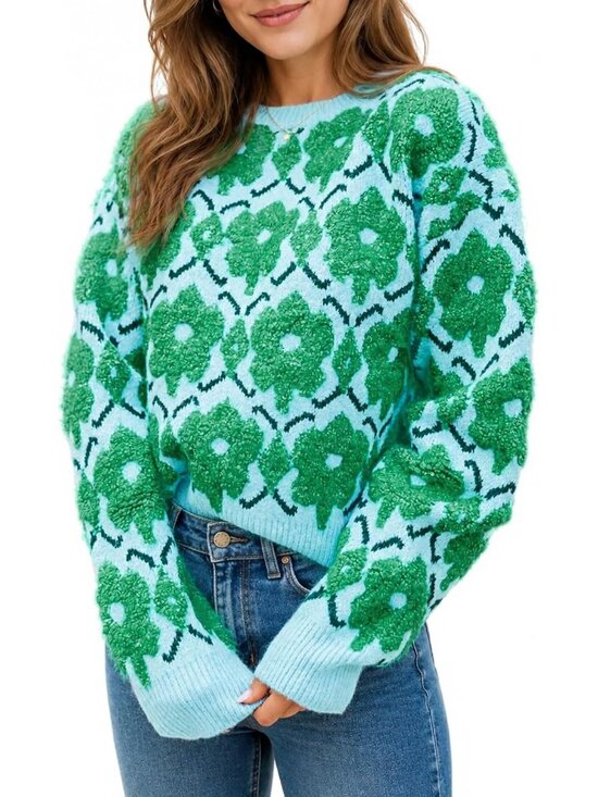 Sweaters - Women's Green Floral Crewneck Long Sleeve Oversized Knit Casual Winter Sweater
